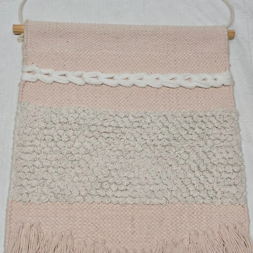 Vintage Handcrafted Macrame Tapestry Pink Wall Hanging Boho Decor Cottagecore